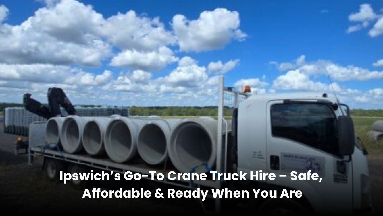 Crane truck hire Ipswich transporting large concrete pipes safely and affordably on site
