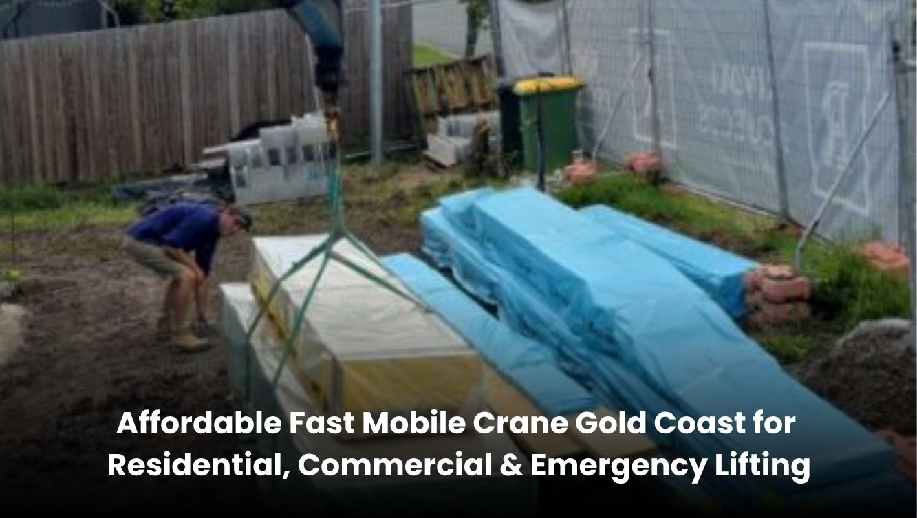 Affordable fast mobile crane service on the Gold Coast lifting construction materials at a residential building site for safe emergency and commercial projects.
