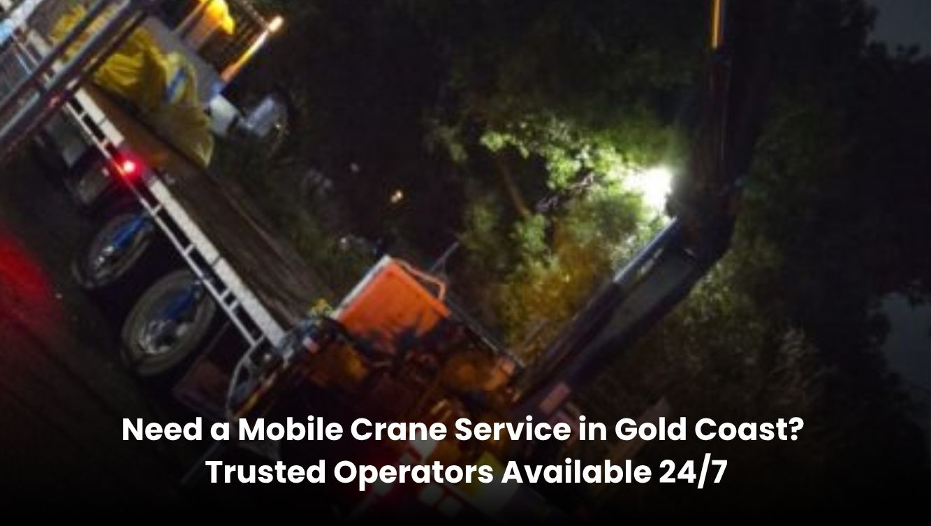 Mobile crane truck performing night-time lifting operations in Gold Coast with experienced operators handling urgent heavy lifting and transport tasks.